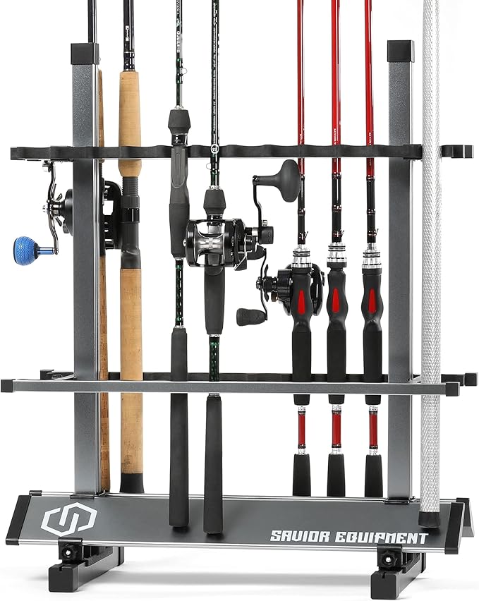 Savior Equipment Fishing Rod Rack Holder Organizer, 24-48 Slots to Hold Fresh Salt Water Spinning Rods & Reel Combo, Lightweight Aluminum Vertical Fish Pole Garage Storage Ground Display Stand