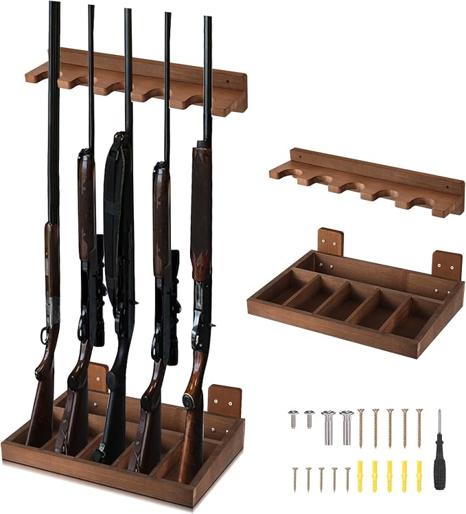 GlikCeil 1 Set Wooden Vertical Gun Rack Wall Mount Indoor Hold up to 5 Long Guns Shotguns Rifle Racks Display Holder Stand for Firearms Display Storage Home Accessories Office