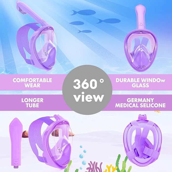 Kids Snorkel Mask Full Face, Snorkeling Gear for Kids with Camera Mount, 180 Degree Panoramic View Snorkeling Set Anti-Fog Anti-Leak