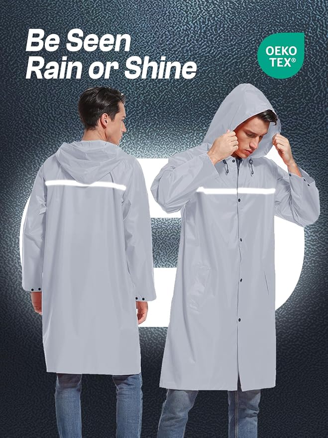Mens Long Hooded Safety Rain Jacket Waterproof Emergency Raincoat Poncho