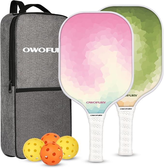 Fiberglass Pickleball Paddles Set of 2, Pickle Ball Racket Lightweight Honeycomb Core Control Paddle, with 4 Indoor Outdoor Balls and Bag for Men Women