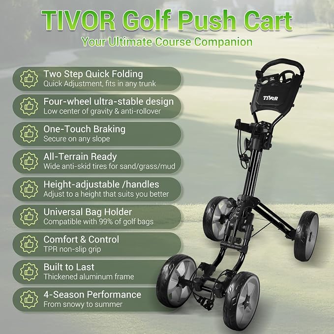 Tivor Lightweight Golf Push cart 4 Wheel Foldable Golf Trolley for Adults and Junior with Ergonomic Adjustable Handle, Scorecard Holder, Umbrella Mount, Foot Brake, All-Terrain Wheels