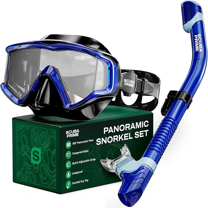 Pano 3 180° Panoramic Dive Mask, Three-Window Tempered Glass Scuba Mask with Dry Top Snorkel, Dual-Layer Silicone Skirt Anti-Leak Diving Gear for Men Women Teens Adults, 4 Color Options