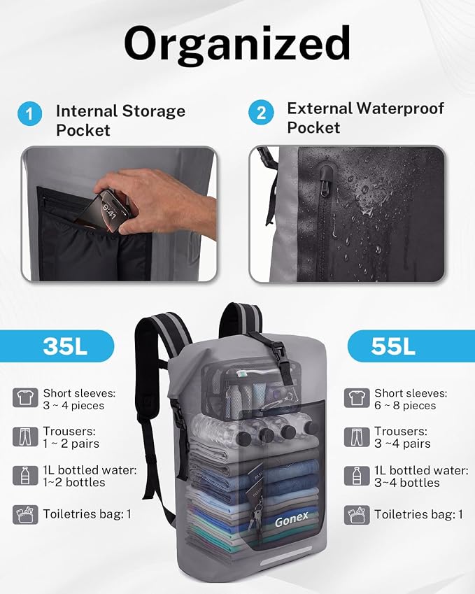 Gonex Ultralight Waterproof TPU Backpack, 55L Roll Top Dry Bag with Comfortable Padded Back Panel for Kayaking Boating Camping Fishing Travel,Grey