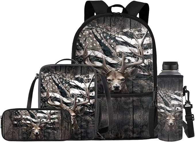 Camo Deer Hunting Kids Bookbag School Backpack with Lunch Box for Girls,American Flag Deer Childrens Backpack for Boys School Bags with Pencil Case and Bottle Holder Set of 4