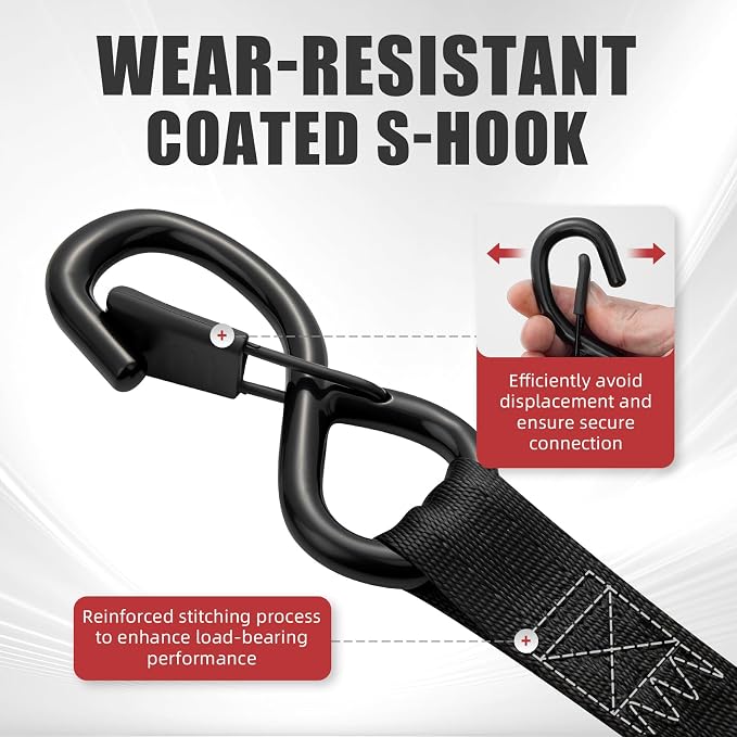 Heavy Duty Retractable Ratchet Tie-Down Straps 1800 lbs, 1in × 10ft Auto Retract Tie Downs with Zinc S-Hooks, Cargo Straps for Trucks, Trailers, Roof Racks & Moving, 2 Pack, Black
