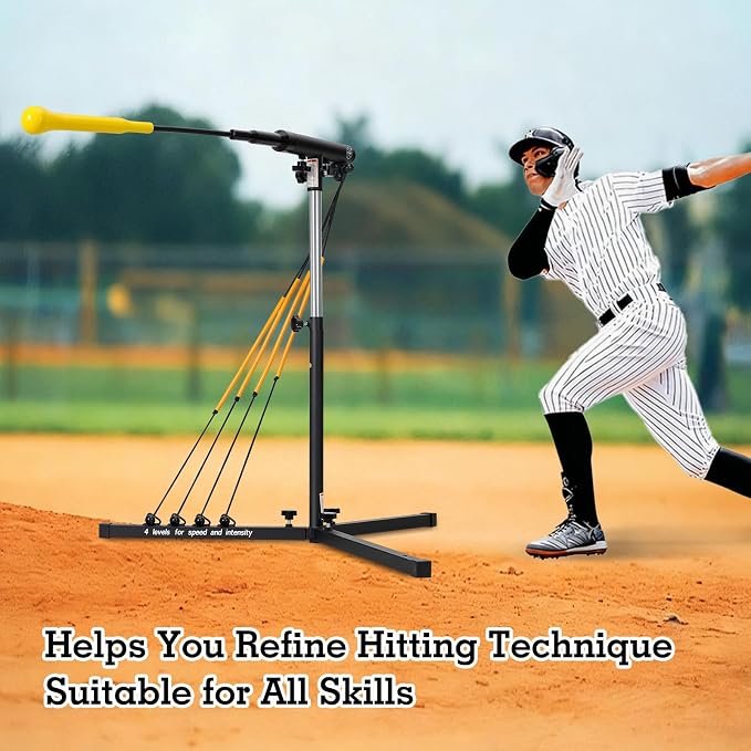 Batting Swing Trainer for Baseball and Softball with 4 Power Bands & Adjustable Height - High-Visibility Anti-Dent Target Ball, Portable Hitting Aid with Screw-in Base & Carry Bag for All Ages