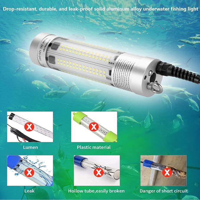 150W 20900lm Underwater Fishing Light, IP68 Waterproof Aluminum Super Bright Night Fish Attracting Submersible LED Lamp Lure Bait Finder for Freshwater Saltwater Sea Kayak Ice Dock (White)