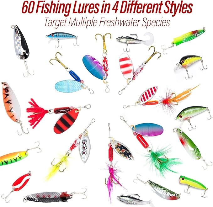 Dr.Fish Fishing Tackle Bag 5 Boxes with 60 Lures Included Loaded Stocked Tackle Box Set Spinner Lures Kit Freshwater Gear Equipment