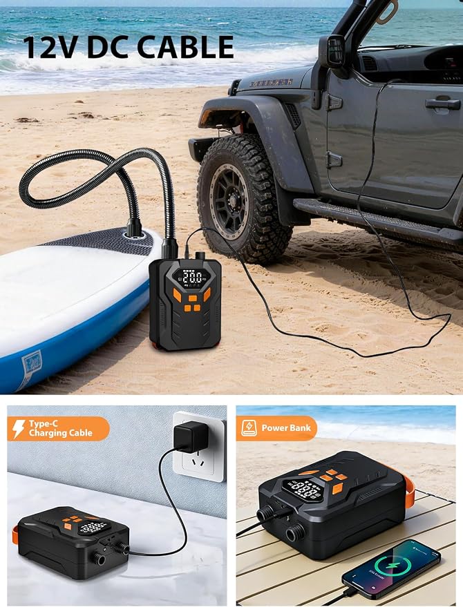 Electric Paddle Board Pump, 20PSI Portable Rechargeable SUP Air Pump, Dual Stage Inflation & Deflation, Auto-Off Air Compressor for Stand Up Paddle Boards, Surfing Kite, Tent, Boat, Kayaks