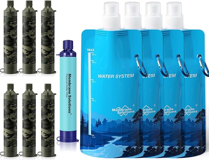 Membrane Solutions Squeezable Water Filtration System, Survival Water Purifier Kit, Portable Backpacking Gear Including Water Filter Straw and 23oz Collapsible Bottle for Hiking Camping Travel(7+4)