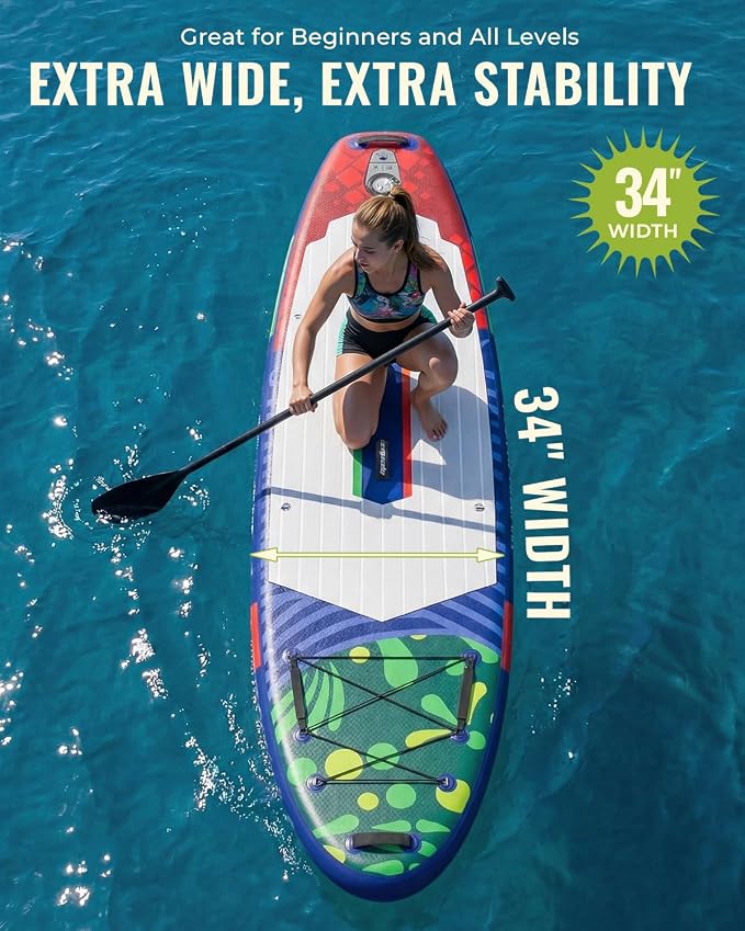 11'x34 Inflatable Paddle Board for Adults Youth, Extra Wide 430LBS Capacity SUP, Stable 2-3 Person Family for Lake Ocean Fishing Surfing Yoga, Includes Accessories