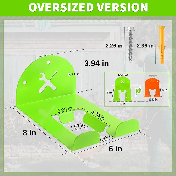 Upgraded Trimmer Rack Wall Mount - 8" Heavy Duty Weed Eater Hanger for Garage Wall, Garden Power Tool Holder Organizer Hooks for Grass Trimmer, Hedge Trimmer, Leaf Blower and Chainsaw, Green, 2 Pack
