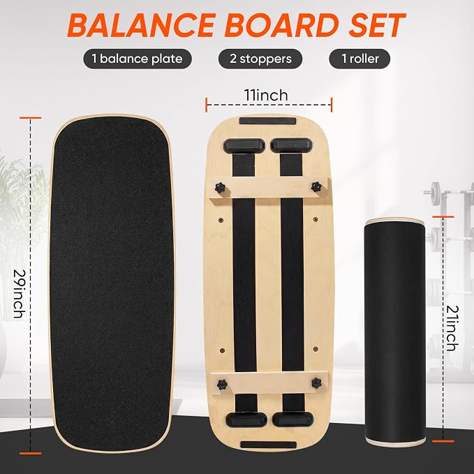 Balance Board with Adjustable Stoppers, Surf Balance Trainer for Adults, Wooden Balance Board for Core Strength & Balance Control, Skateboard Snowboard Training Equipment