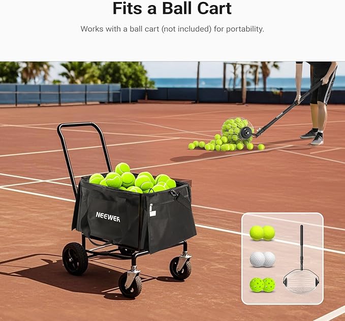 NEEWER Tennis Ball Hopper, Pickleball Retriever Collector Basket Cart Holder Tennis Court Equipment Accessory for Training Teaching