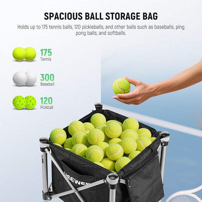 NEEWER Tennis Ball Hopper, Pickleball Retriever Collector Basket Cart Holder Tennis Court Equipment Accessory for Training Teaching
