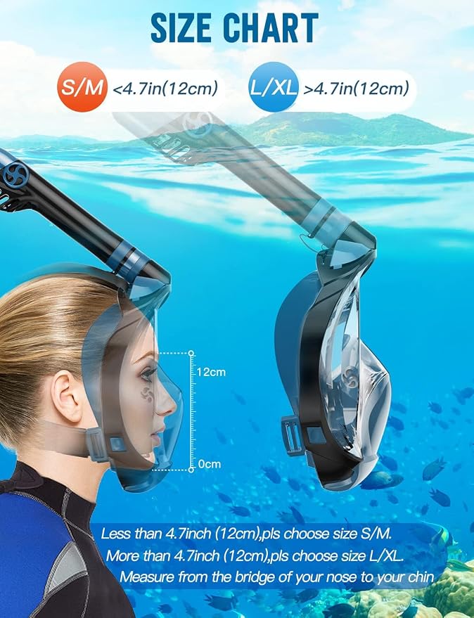 Full Face Snorkel Mask for Adults, 180° Panoramic Anti-Fog Snorkeling Gear with Dry Top System & Camera Mount, Foldable Anti-Leak Design for Travel, Swimming & Ocean Snorkeling