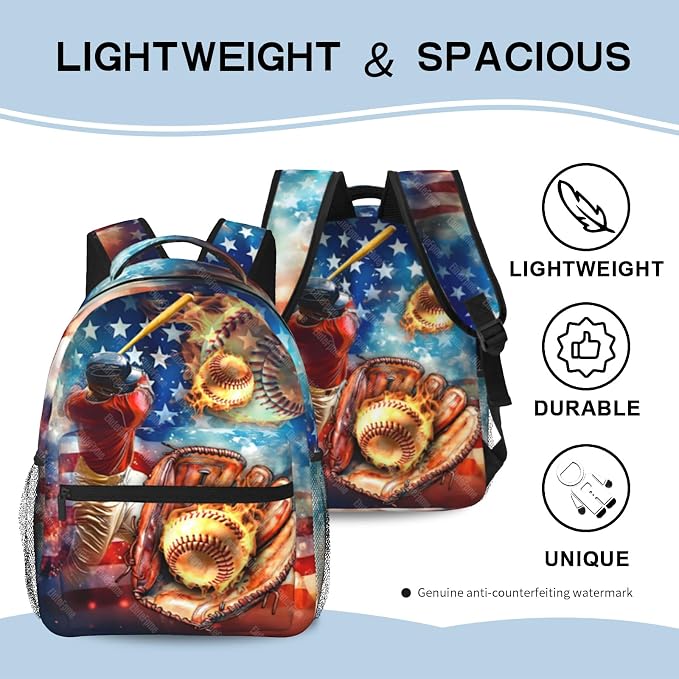 Baseball School Backpack for Boys Sports American Flag Baseball Boys Backpack for Kids Children Teens Ages 6-18 Elementary Middle School Students Bookbag Travel Back Pack