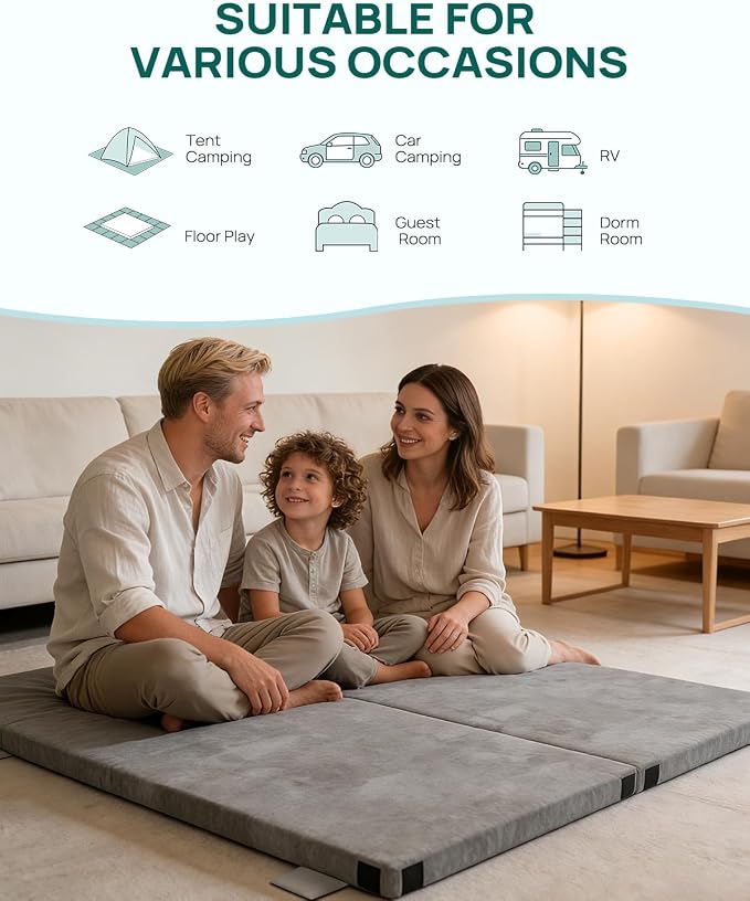 Releep 3 Inch Dual-Sided Memory Foam Camping Mattress, Waterproof Camping Sleeping Pad with Portable Pillow & Carry Bag, Roll Up Cot Mattress Mat for Guest Bed/Car/Tent