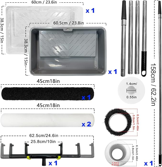 18 Inch Paint Roller Kit, 18" Microfiber Paint Rollers and Compound Roller, 24" Paint Tray, 10"-18" Adjustable Roller Frame, 32"-62" Extension Pole for Walls,Ceiling,Floors,Interior,Exterior Painting