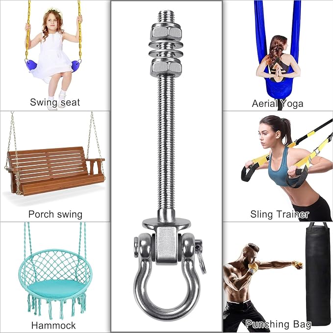 Dolibest Swing Hangers with Bearing - 6 Pack Stainless Steel 304 Hardware Hooks for Wood & Metal Beams, Ideal for Hanging Hammocks, Yoga Swings, Porch Swing, Boxing Bag 1500 LB Capacity- 5'' x M2/5''