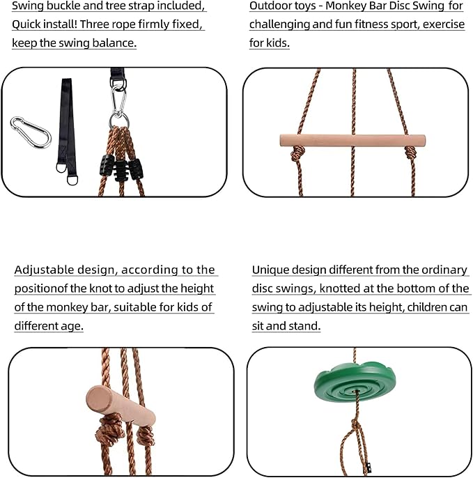 KINSPORY Disc Swing for Kids, Swing Set Accessories, 7FT Height Adjustable Gym Monkey Bars, Hanging Tree Seat for Backyard, Outdoor Play Equipment - Green