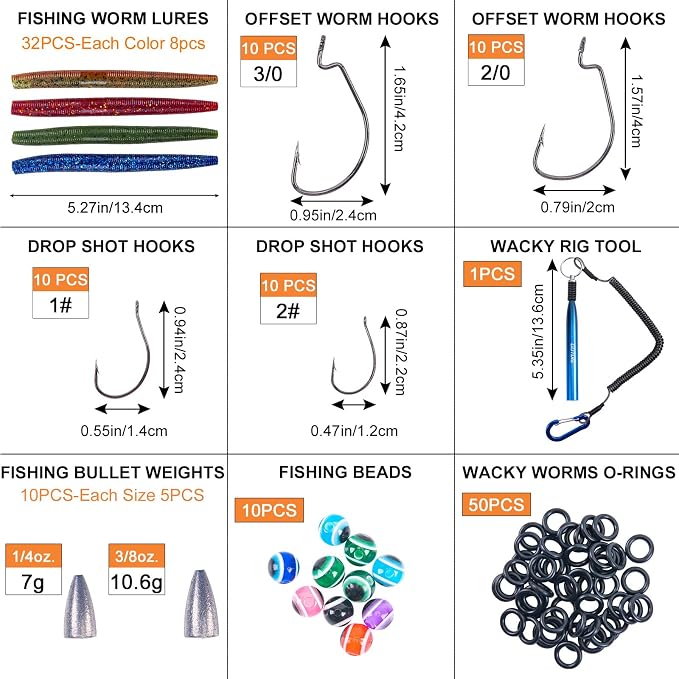 Goture 143pcs Wacky Worm Fishing Lure Kit,Bass Fishing Wacky Rig Tool Kit | Includes 4in/5in Soft Plastics Lures, Rig Tool, O-Rings, Worm Hooks, Drop Shot Hooks, Tackle Box