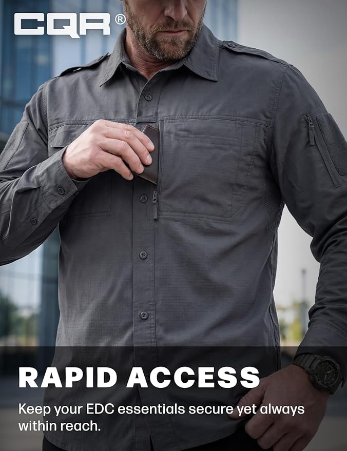 CQR Men's Long Sleeve Tactical Shirts, Ripstop Military Work Shirts, UPF 50+ Breathable Button Down Outdoor Hiking Shirt