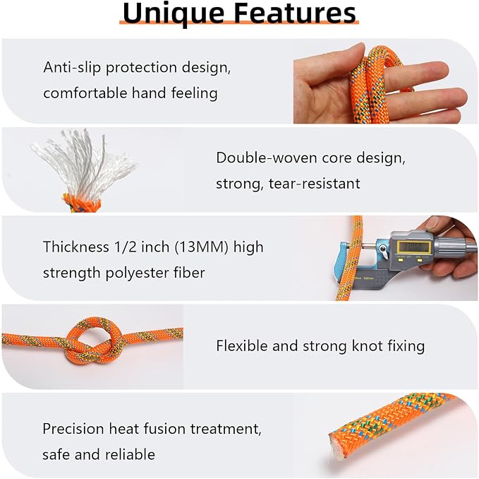 Climbing Rope, 1/2 Inch x 100 Feet Double Braided Arborist Rope Polyester for Outdoor, Climbing, Hiking, Swing, Tree Work, Halyard, Sailing etc(Orange)
