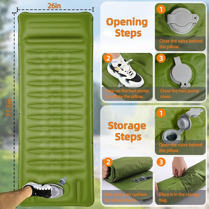 Camping Sleeping Pad, Extra Thick 5 Inch Self Inflating Camping Mat with Ultralight Sleeping Bag Liner Travel Sheet, Camping Pads with Pillow & Foot Pump for Outdoor Hiking, Backpacking, Travel(Green)