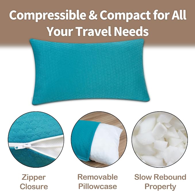 Travel Pillow Compressible Camping Memory Foam Pillow - Dark Grey S Size, Turquoise Blue S Size, Ideal Backpacking, Airplane and Car