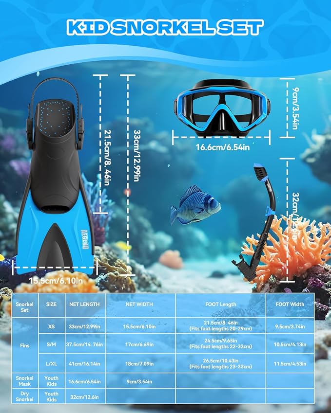 Aegend Snorkeling Gear for Kids Youth – 4-in-1 Snorkel Set with Anti-Fog Mask, Dry Snorkel & Adjustable Fins for Swimming, Diving, Snorkeling, Beach Vacation – Includes Travel Mesh Bag