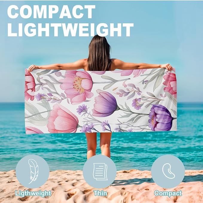 2 Pcs Microfiber Beach Towel Sand Free Quick Dry Oversized Lightweight Floral Watercolor Artistic Style Pink Purple Lavender White for Pool Travel 71 x 32 Inches