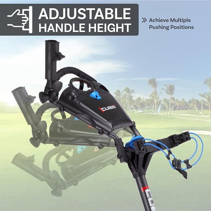 CUBE CART 3-Wheel Golf Push Cart – Ultra-Compact 14.5 lb Folding Golf Trolley, Two-Step Fold, Adjustable Handle, Foot Brake, Umbrella Holder & Built-in Storage
