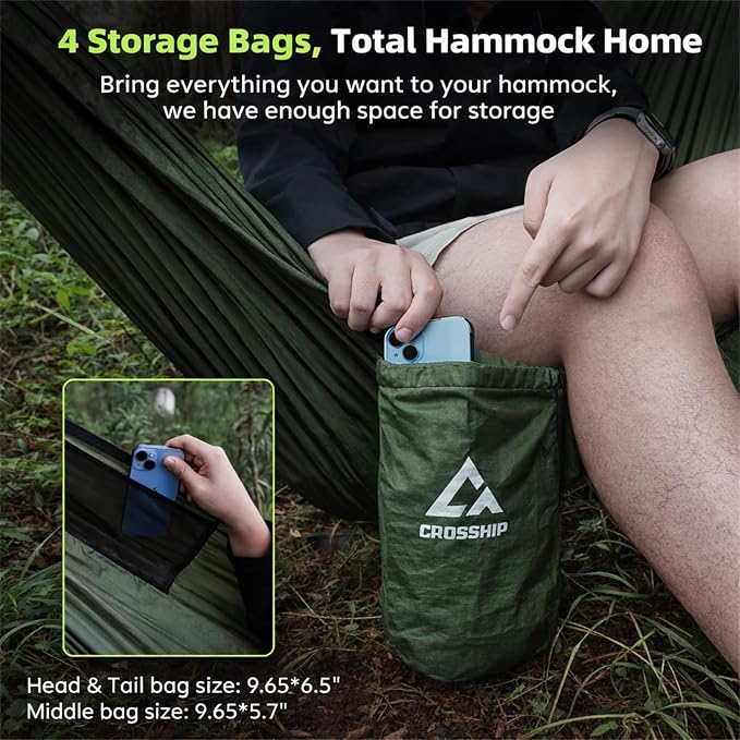Camping Hammock with Mosquito Net, 2 Person Hammock Bug Net, Portable, Parachute Nylon for Outdoor, Camping, Hiking, Backpacking, Backyard, Beach, Travel (Hold Up to 500lbs) (Forest Green)