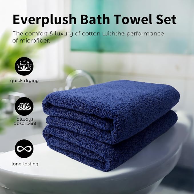 Everplush Diamond Collection Extra Large Bath Towel Sheet – 2 PK, Super Soft & Highly Absorbent, Quick-Drying, Oversized & Thick. Perfect for Bathroom, Pool, Swimming Use (Navy, 35" x 66" 2PK)