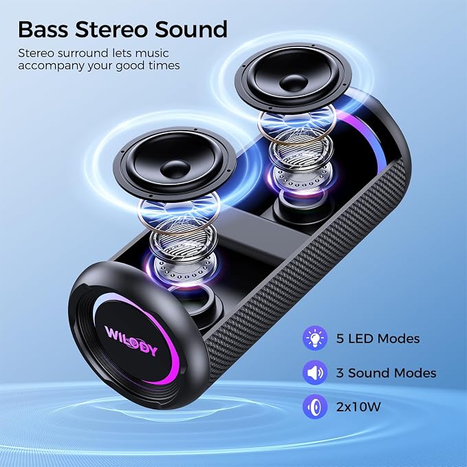 Wilody Portable Bluetooth Speaker, 20W Powerful Sound with EQ Modes, IPX6 Waterproof, 20H Playtime, Bluetooth 5.4, TWS, LED Lights, Portable Wireless Speakers for Home Party Camping Beach Outdoor
