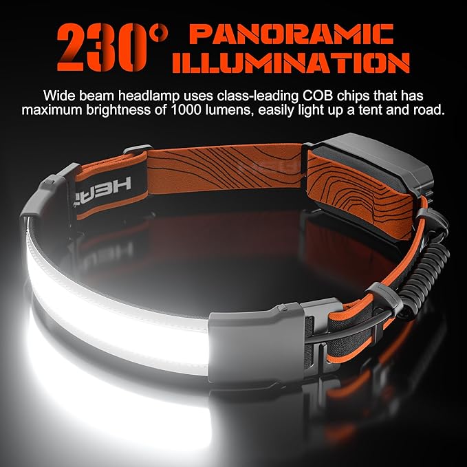 Hopedone 2-Pack Rechargeable Headlamp, 1000LM 230° Wide Beam Head Lamp with Red Rear Light, 3 Front and 3 Rear Modes, Lightweight Hard Hat Light for Running, Dog Walking, Cycling and Work