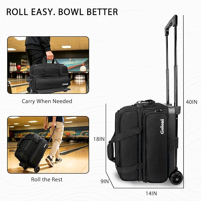Goloni Double Roller 2 Ball Bowling Bag with Separate Shoe Compartment,2 Ball Bowling Bag with Wheels,Retractable Handle Extends to 40"