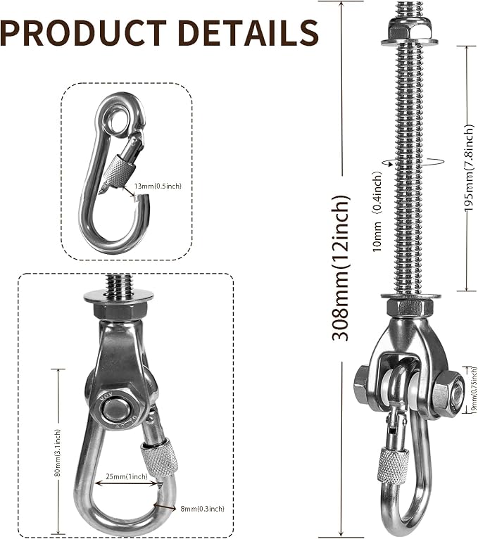 2 Heavy Duty Swing Hangers 180° Stainless Steel Swing Hooks 800LBS Capacity Playground Swing Seat Hardware Hammock Chair Porch Swing