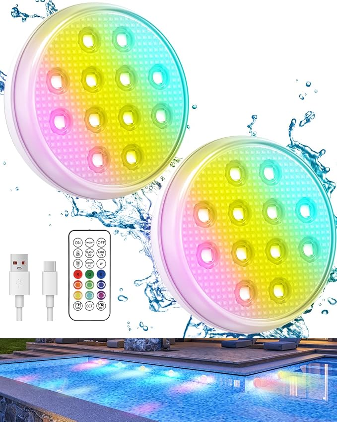 Pool Lights, 2024 Upgraded Rechargeable Submersible LED Lights with Remote, 16 Colors IP68 Waterproof Underwater Light for Inground Pool Above Ground, Aquarium, Hot Tub
