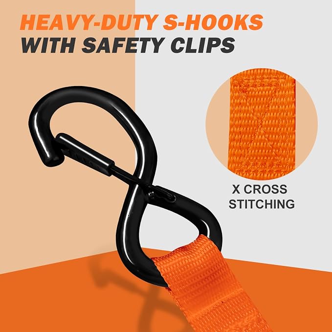 Heavy Duty 1" x 15' Ratchet Straps (4 Pack) - 2200 lb Break Strength with Soft Loops & Coated S-Hooks for Truck, Trailer, Motorcycle, ATV, UTV, Boat, Car Accessories (Orange)