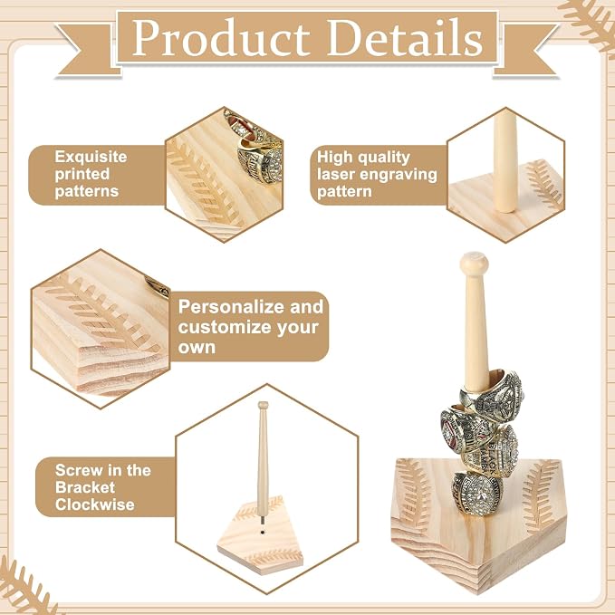 Beeveer 2 Sets Baseball Wooden Ring Holder Softball Championship Ring Baseball Bat Prize Holder Stand Display Stand Stacked Prize Storage Organizer Birthday Gift for Kids Dad Grandpa