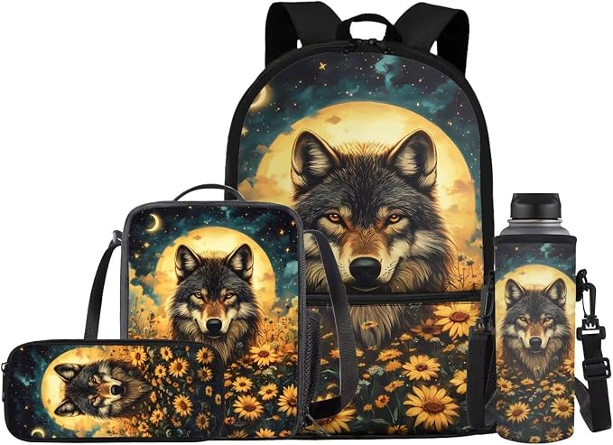 Wolf Backpack for Girls School Bag with Lunch Bag Pencil Case Water Bottle Holder Sunflower Kids Bookbag Set Back to School Supplies 4 Piece Rucksack Daypack Set