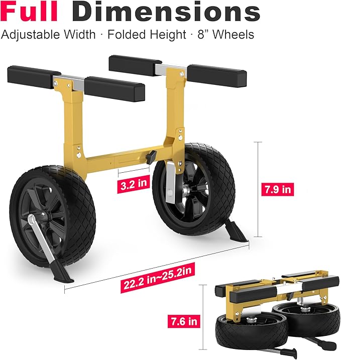 GanFindX Heavy Duty Kayak Cart | Adjustable Foldable Trolley with Durable Wheels, Portable Kayak Transport Cart, Tie-Down Straps Included