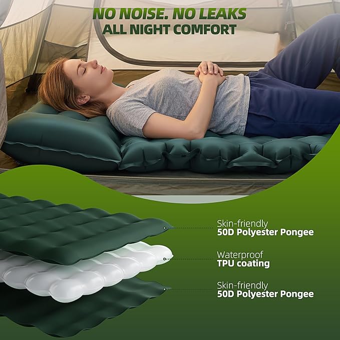 Double Camping Sleeping Pad, 4" Extra Thick 2 Person Inflatable Sleeping Pad with Built-in Foot Pump & Pillow, Self Inflating Camping Mattress for Tent, Backpacking, Hiking, Travel, RV（Dark Green）