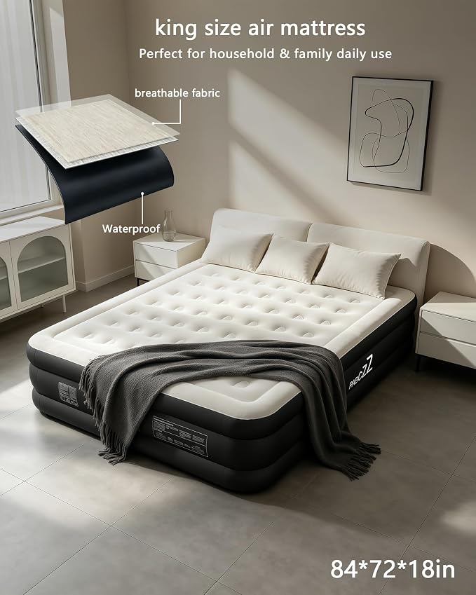 King Size air Mattress – 18-Inch Thickened Inflatable Mattress for Camping, Home Use & Guest Accommodation, Comes with Storage Bag, Supports Up to 750 Pounds (Black, King)