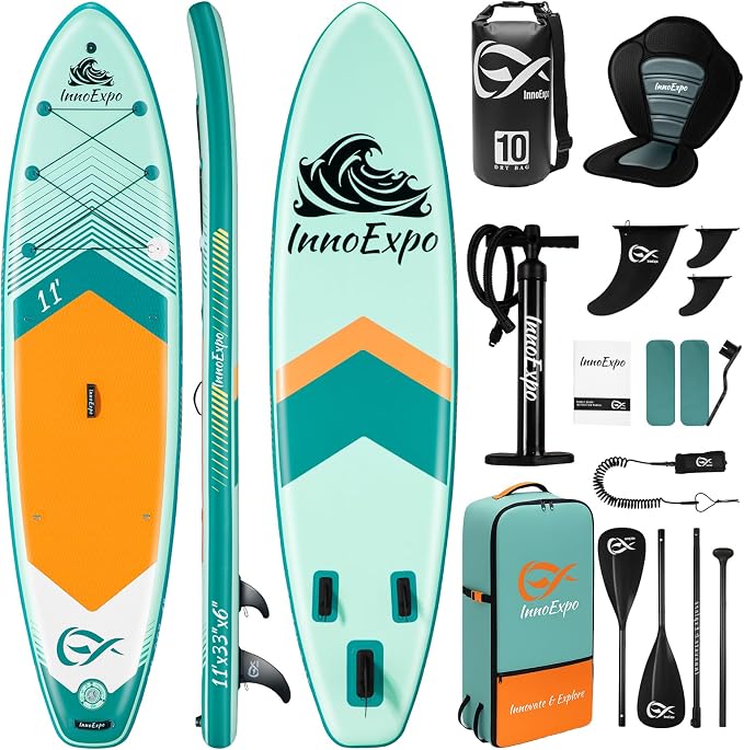 InnoExpo Inflatable Stand Up Paddle Boards with Premium Accessories, Wide Stable SUP Paddle Board Design, Non-Slip Comfort Deck for Youth & Adults
