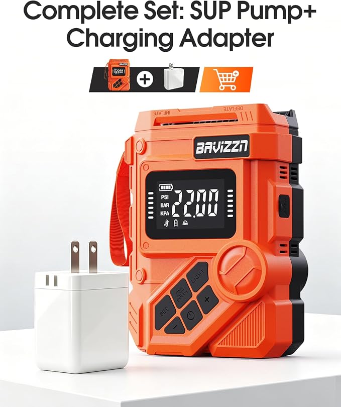 59.2Wh Rechargeable Paddle Board Pump, 22PSI Dual Stage Electric SUP Pump with Auto-Off LCD, 12V Car/Type-C Input, Battery Powered Inflator for Kayak Boat Inflatables