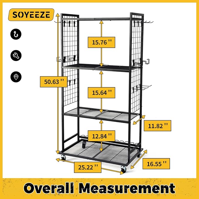 SOYEEZE Fishing Rod Holders for Garage, 4 Tier Adjustable Fishing Pole Holders Up to 12 Rods, Fishing Rod Rack with Lockable Wheels for Large Tackle Box Storage and Fishing Equipment Organization